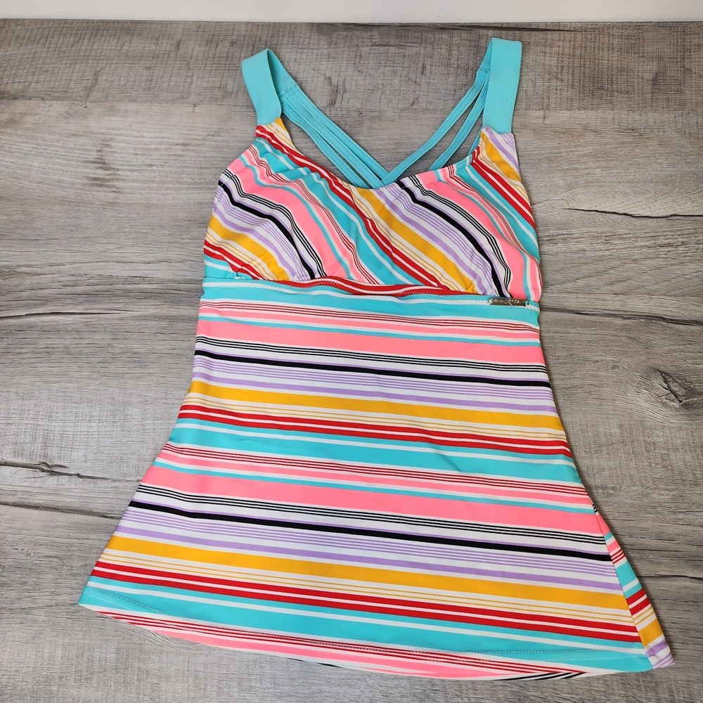 ZeroXPosur Women's X-Small Tankini Swim Top Striped Criss-Cross Back Turquoise